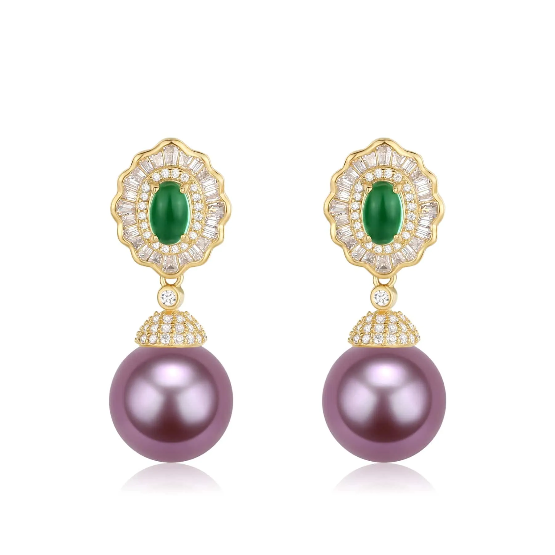 11-12mm Pearl CZ Green Gems Earrings