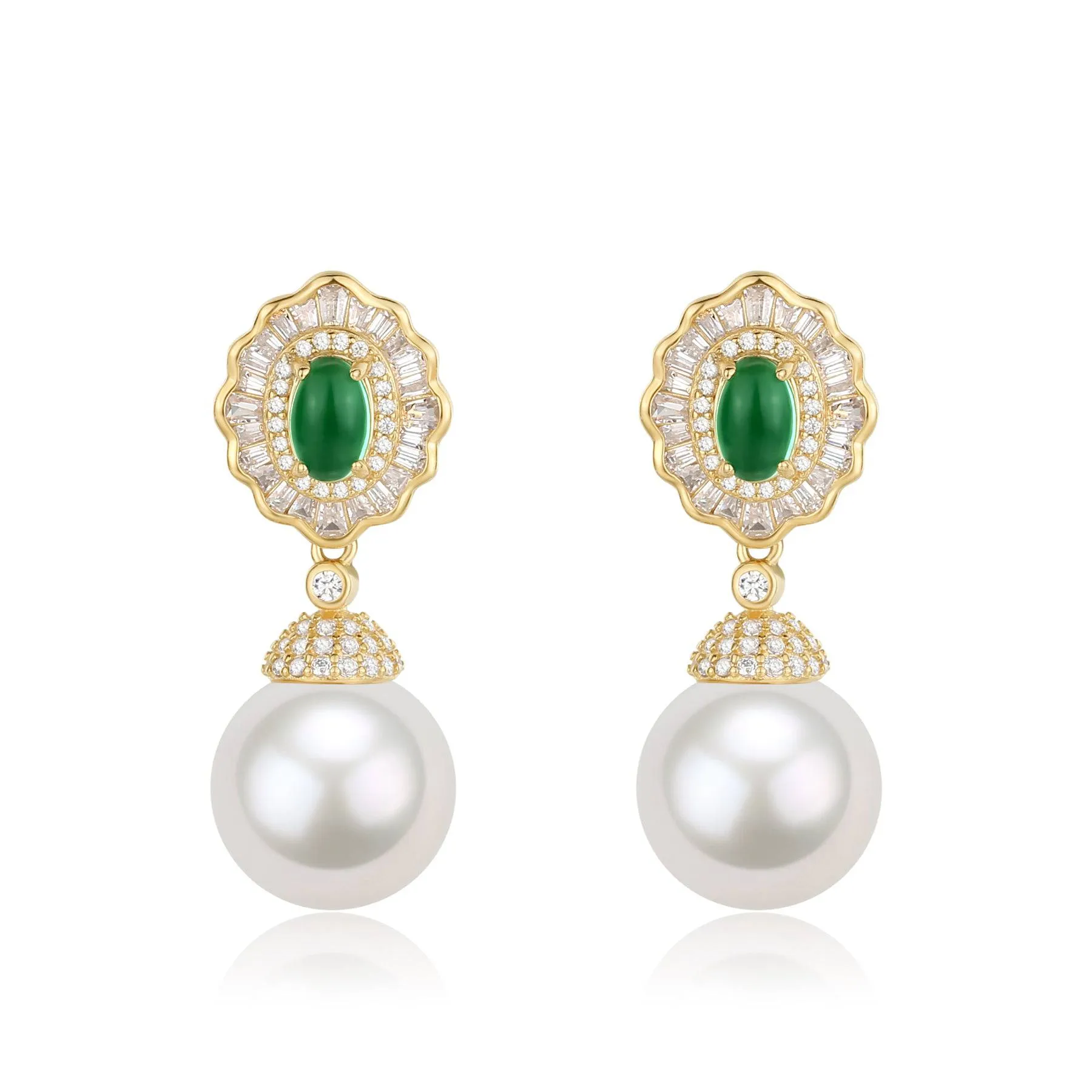 11-12mm Pearl CZ Green Gems Earrings