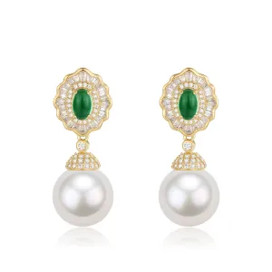 11-12mm Pearl CZ Green Gems Earrings