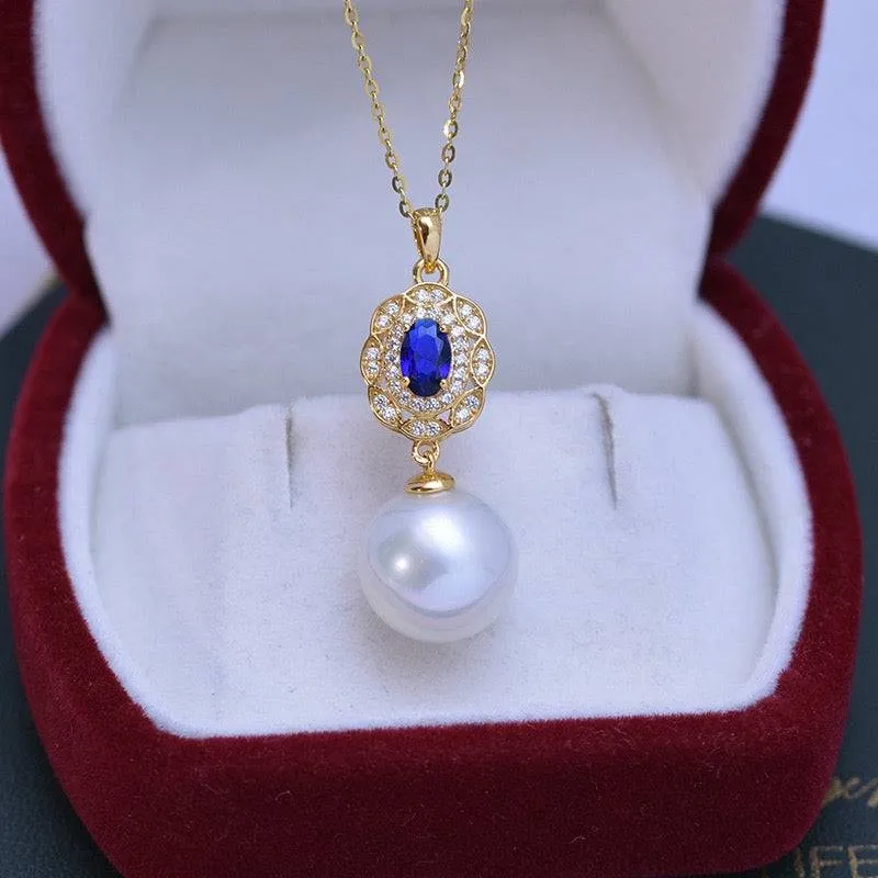 12-13mm Freshwater Pearl & Blue Gem Pendant Necklace