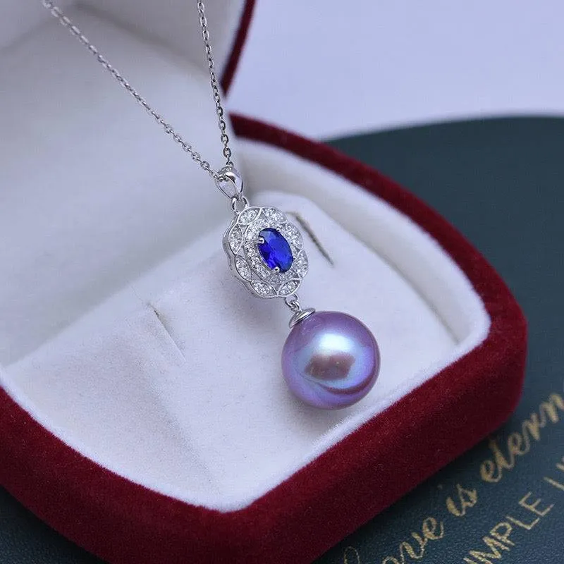 12-13mm Freshwater Pearl & Blue Gem Pendant Necklace