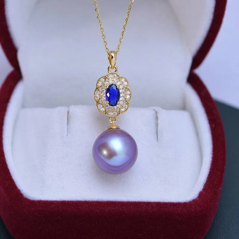 12-13mm Freshwater Pearl & Blue Gem Pendant Necklace