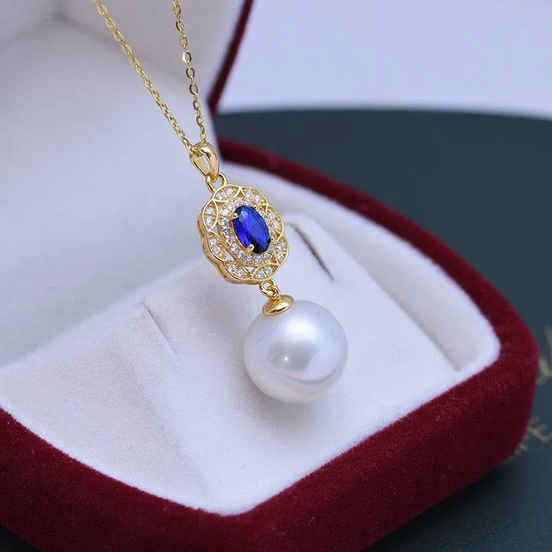 12-13mm Freshwater Pearl & Blue Gem Pendant Necklace