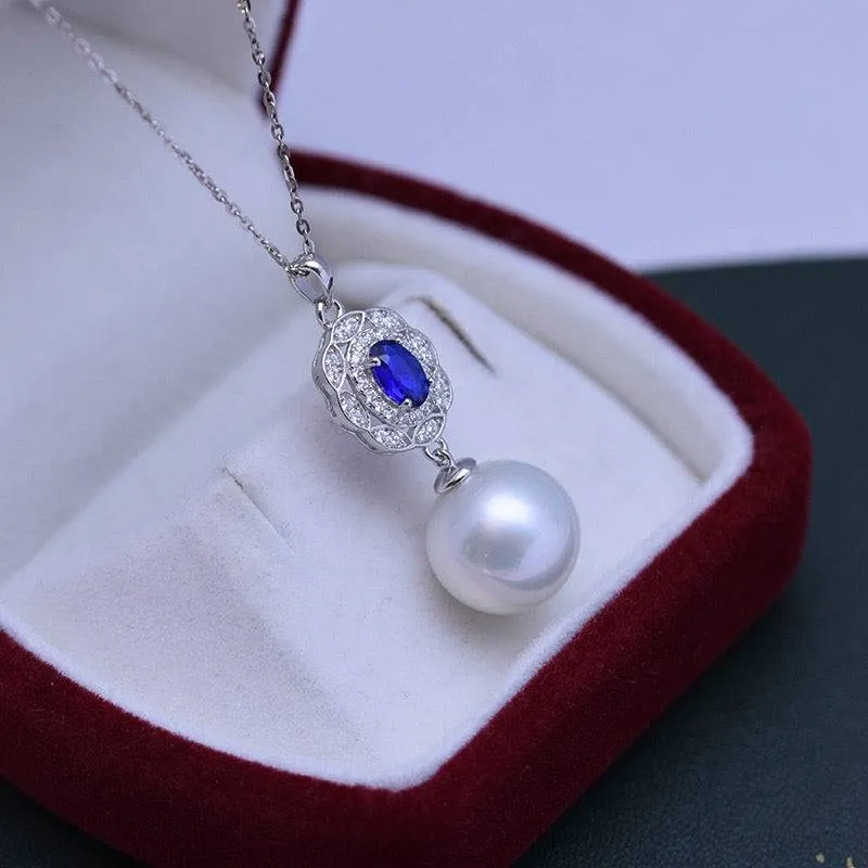 12-13mm Freshwater Pearl & Blue Gem Pendant Necklace