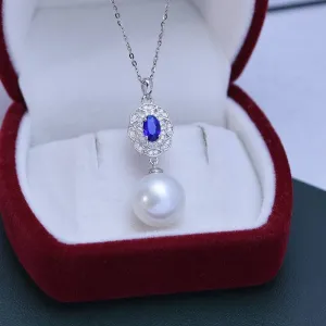 12-13mm Freshwater Pearl & Blue Gem Pendant Necklace