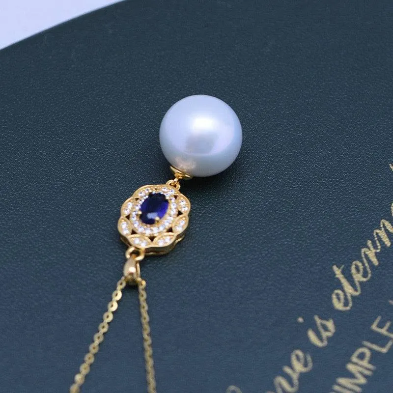 12-13mm Freshwater Pearl & Blue Gem Pendant Necklace