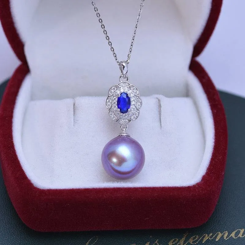 12-13mm Freshwater Pearl & Blue Gem Pendant Necklace