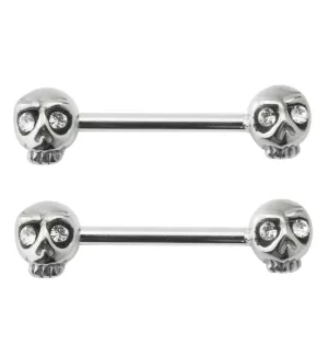 14G Double Skull Gem Nipple Ring Barbell