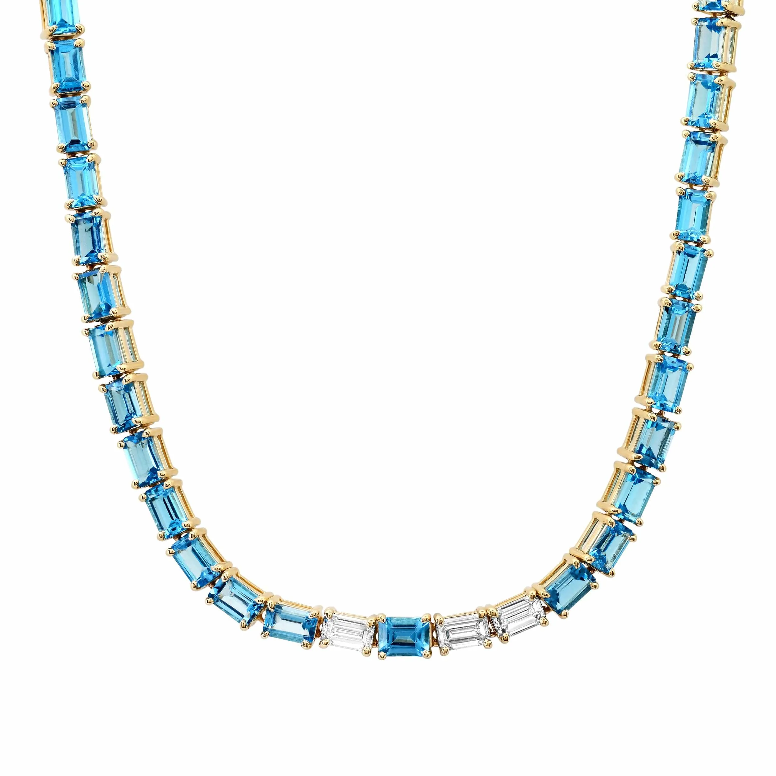 14K & 18K Gold East West Alternating Blue Topaz & Diamond Necklace