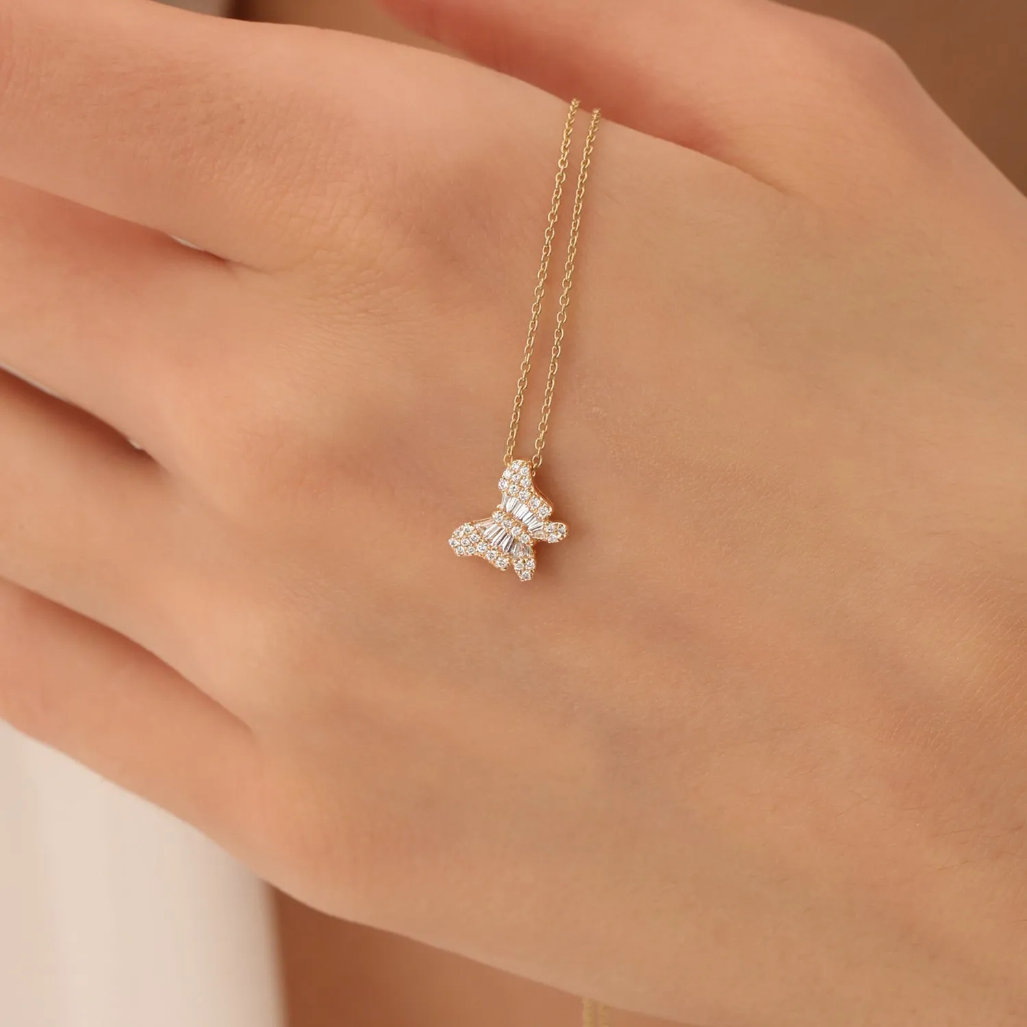 14k Baguette Diamond Butterfly Necklace