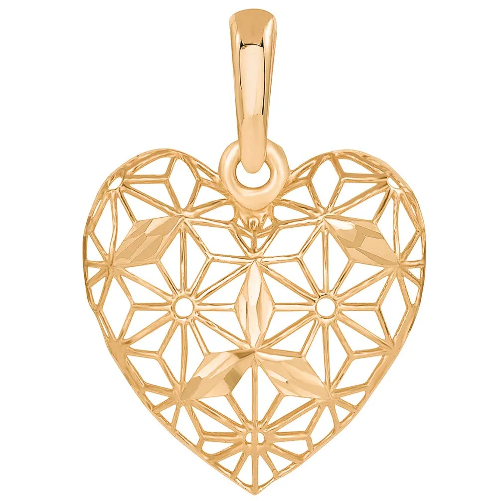 14k Rose Gold Textured 3D Filigree Heart Charm Pendant Necklace