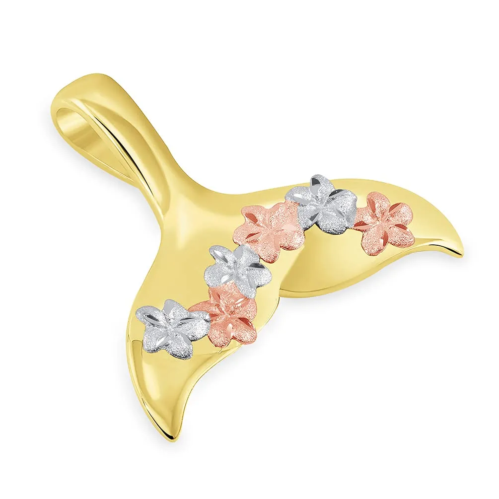 14k Yellow and Rose Gold Tri-Tone Dolphin Tail Fin Hawaiian Plumeria Flowers Pendant Cuban Curb Chain Necklace