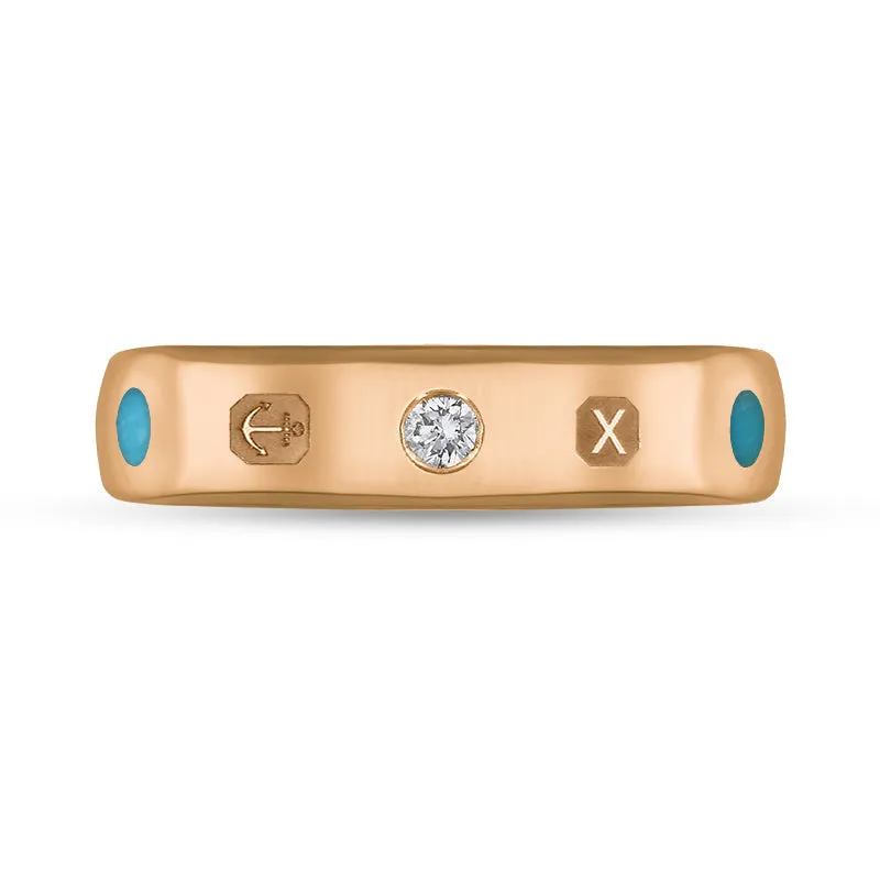 18ct Rose Gold Turquoise 0.08ct Diamond Queen's Jubilee Hallmark 5mm Ring