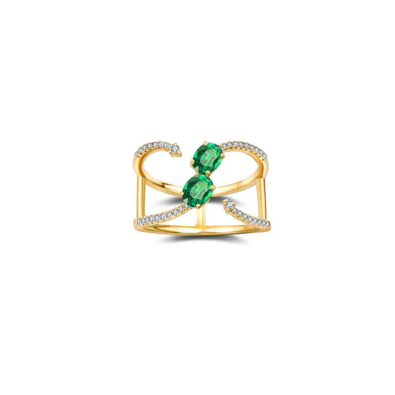 18k Gold Double Emerald Connected Diamond Ring