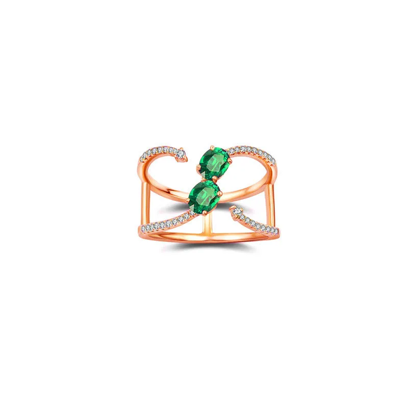 18k Gold Double Emerald Connected Diamond Ring