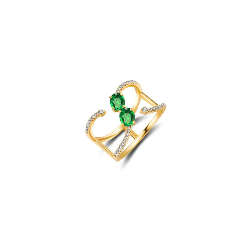 18k Gold Double Emerald Connected Diamond Ring