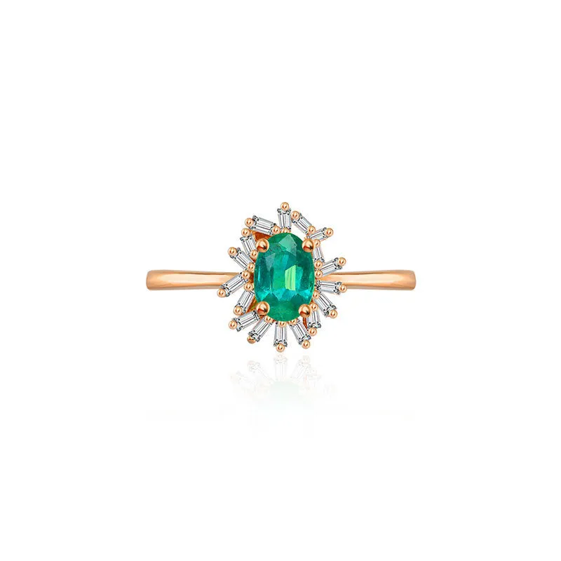 18k Gold Emerald Ring Surrounded by Irregular Shape Diamond