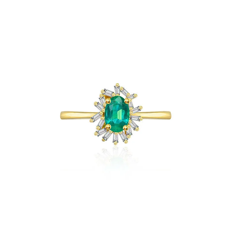 18k Gold Emerald Ring Surrounded by Irregular Shape Diamond