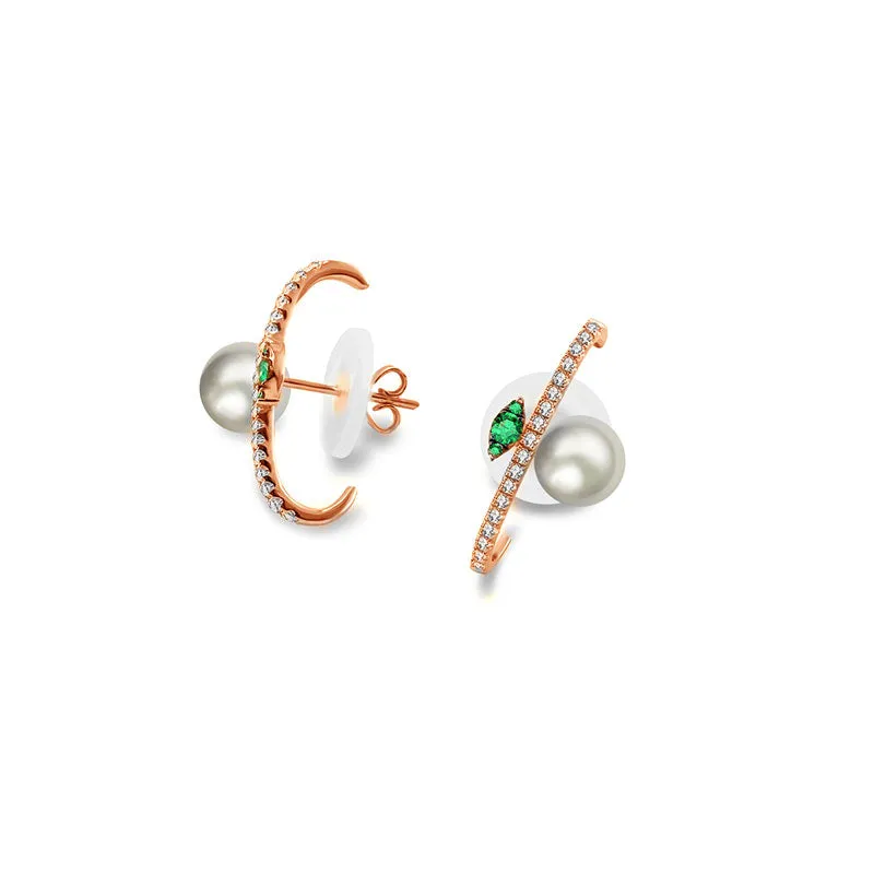 18k Gold Half Hoop Diamond Earring with Pearl and Emerald