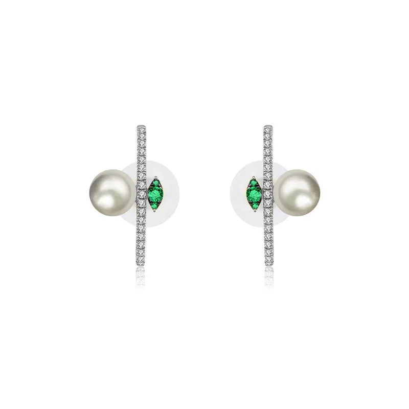 18k Gold Half Hoop Diamond Earring with Pearl and Emerald