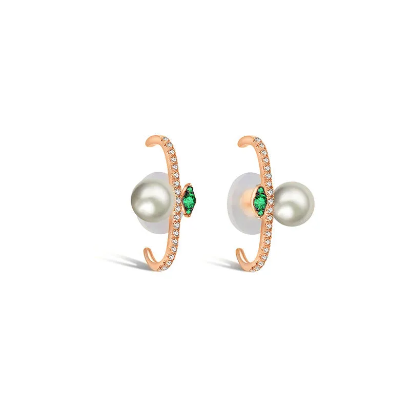 18k Gold Half Hoop Diamond Earring with Pearl and Emerald