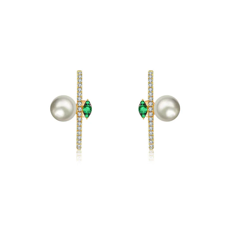 18k Gold Half Hoop Diamond Earring with Pearl and Emerald