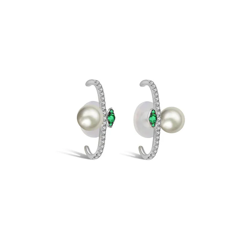 18k Gold Half Hoop Diamond Earring with Pearl and Emerald