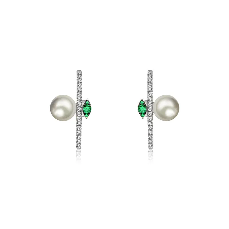 18k Gold Half Hoop Diamond Earring with Pearl and Emerald