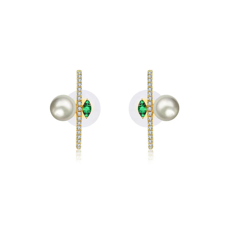 18k Gold Half Hoop Diamond Earring with Pearl and Emerald