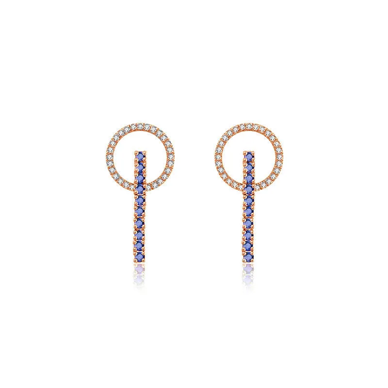 18k Gold Hollow Round Shape with Line Sapphire Earring