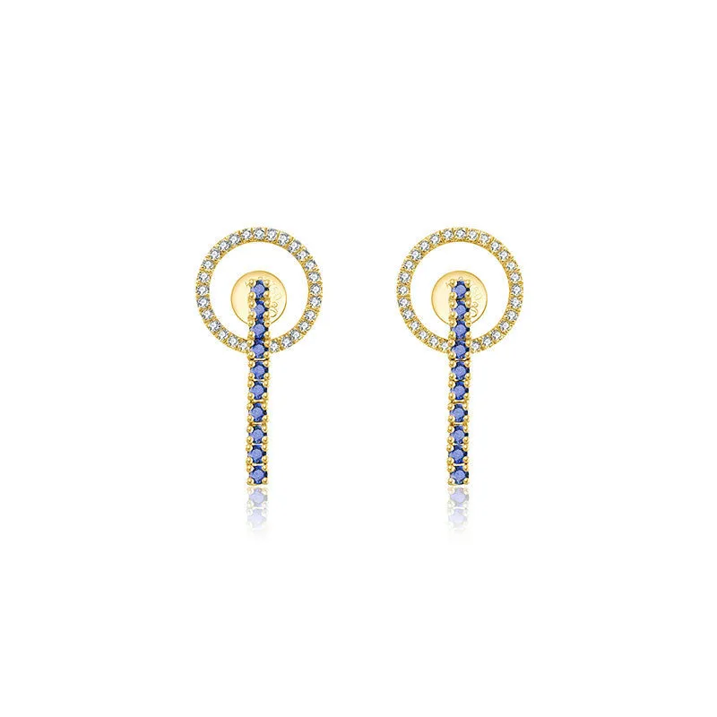 18k Gold Hollow Round Shape with Line Sapphire Earring