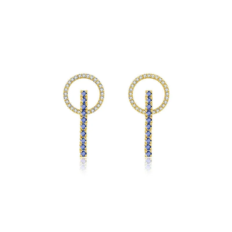 18k Gold Hollow Round Shape with Line Sapphire Earring