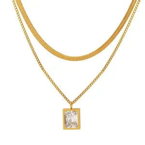 18K Gold Plated Stainless Steel Crystal Pendant Layered Necklace