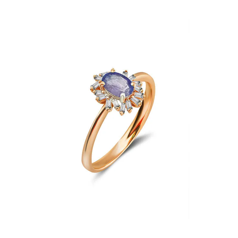 18k Gold Sapphire Ring Surrounded by Irregular Shape Diamond