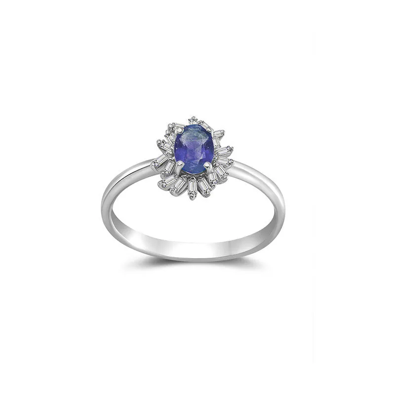 18k Gold Sapphire Ring Surrounded by Irregular Shape Diamond