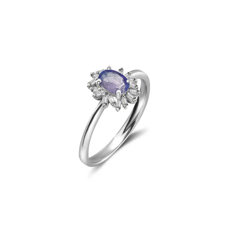 18k Gold Sapphire Ring Surrounded by Irregular Shape Diamond