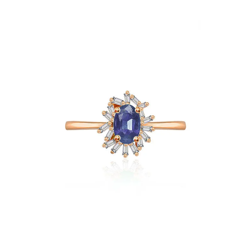 18k Gold Sapphire Ring Surrounded by Irregular Shape Diamond