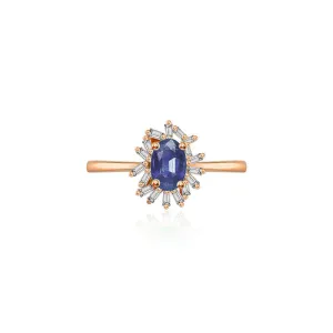 18k Gold Sapphire Ring Surrounded by Irregular Shape Diamond