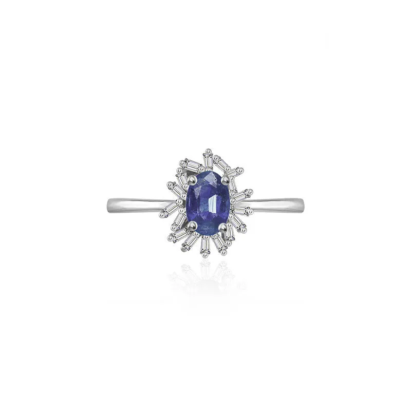 18k Gold Sapphire Ring Surrounded by Irregular Shape Diamond