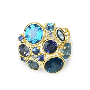 18kt Yellow Gold designer cluster ring with Tanzanite, Blue Topaz and Iolite