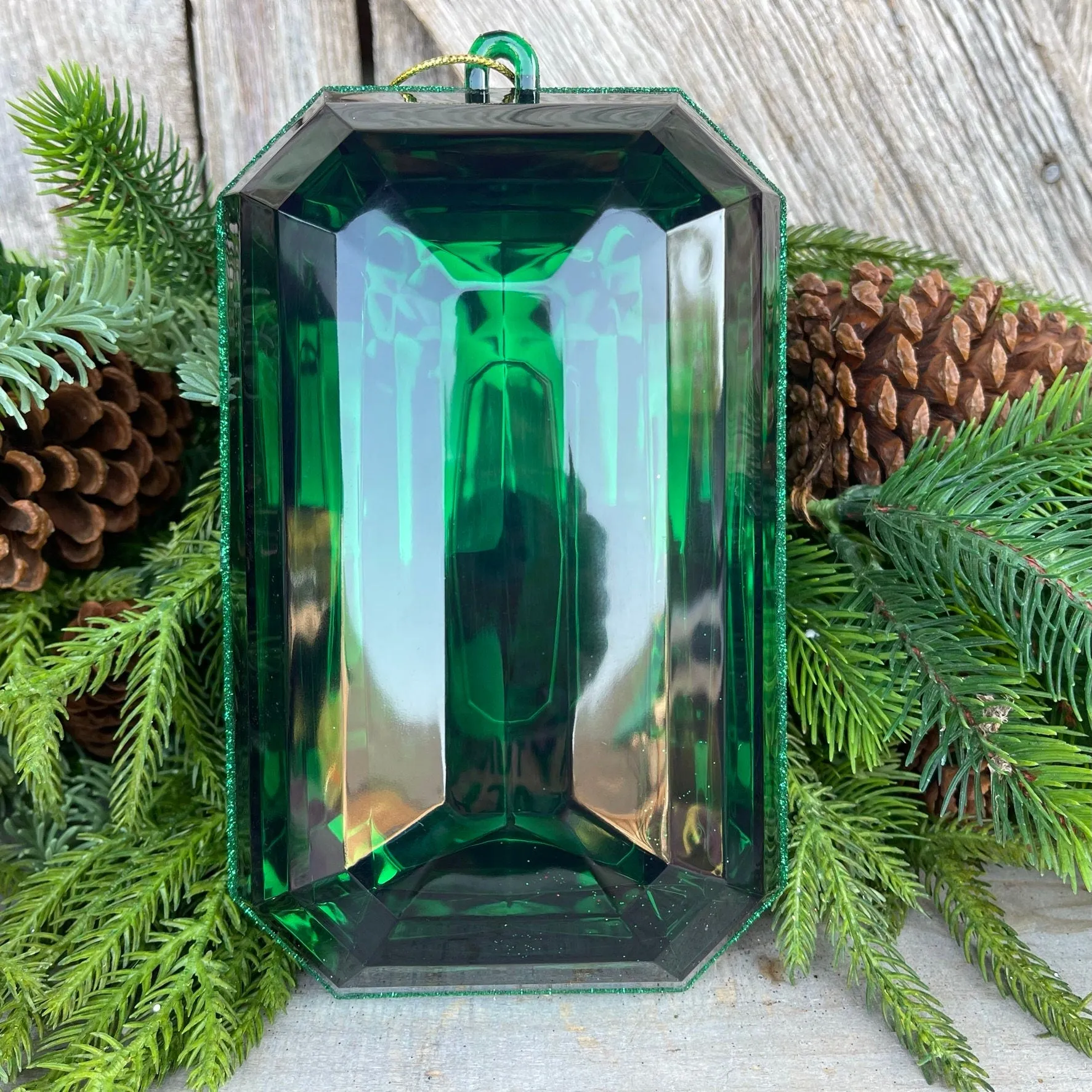 8" Emerald Green Rectangle Jewel, Christmas Jewel Ornament