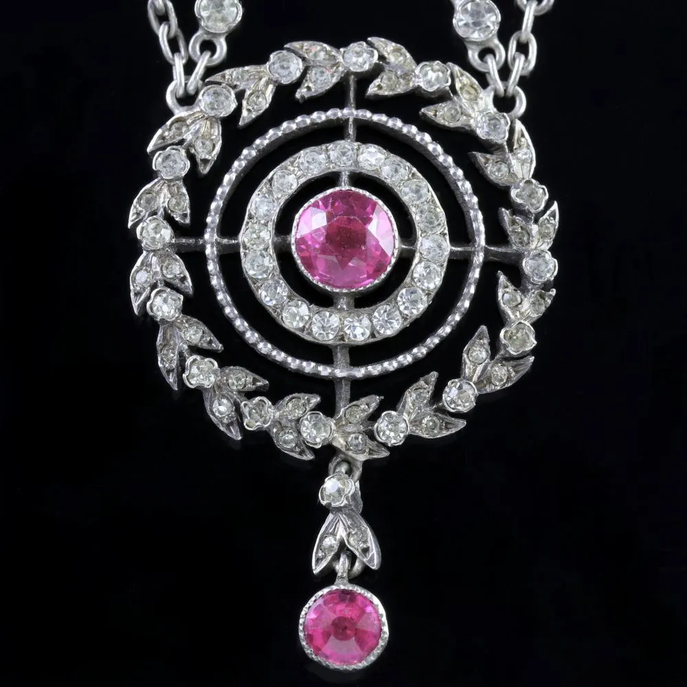 Antique Edwardian Pink Topaz Silver Necklace Circa 1910