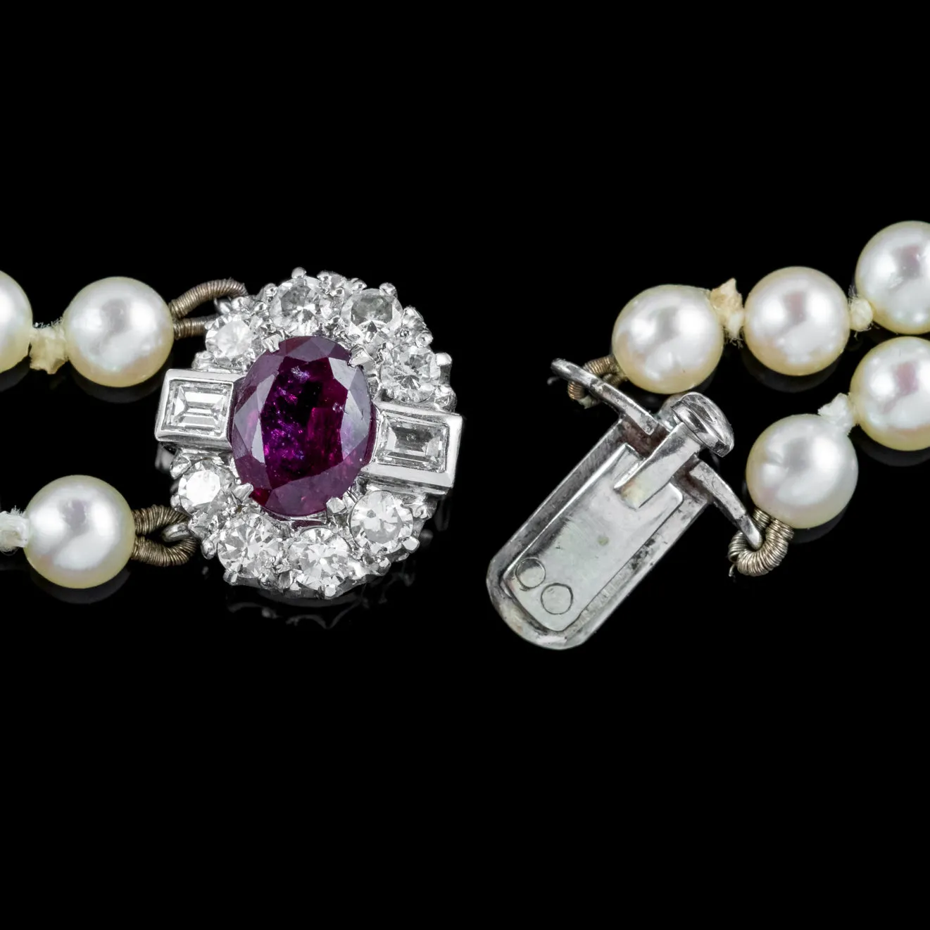 Art Deco Double Pearl Necklace Ruby Diamond 18ct Gold Clasp With Cert