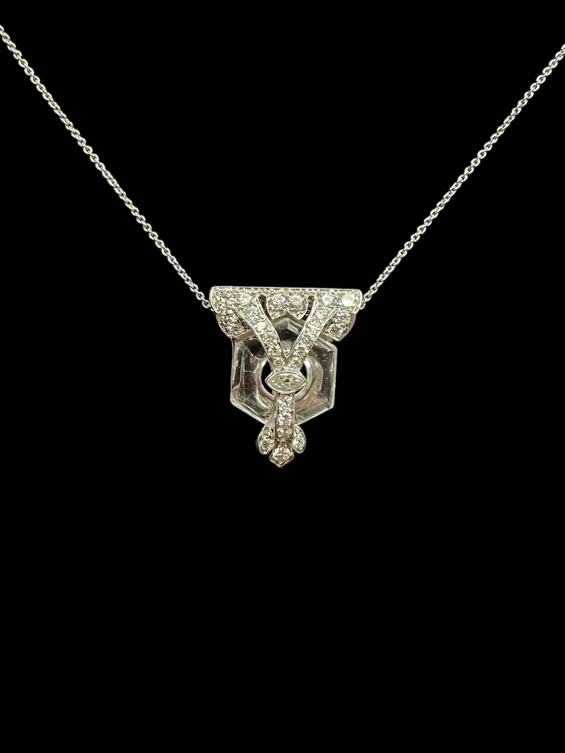 Art Deco Rock Crystal Diamond Platinum Clip Pendant Circa 1925