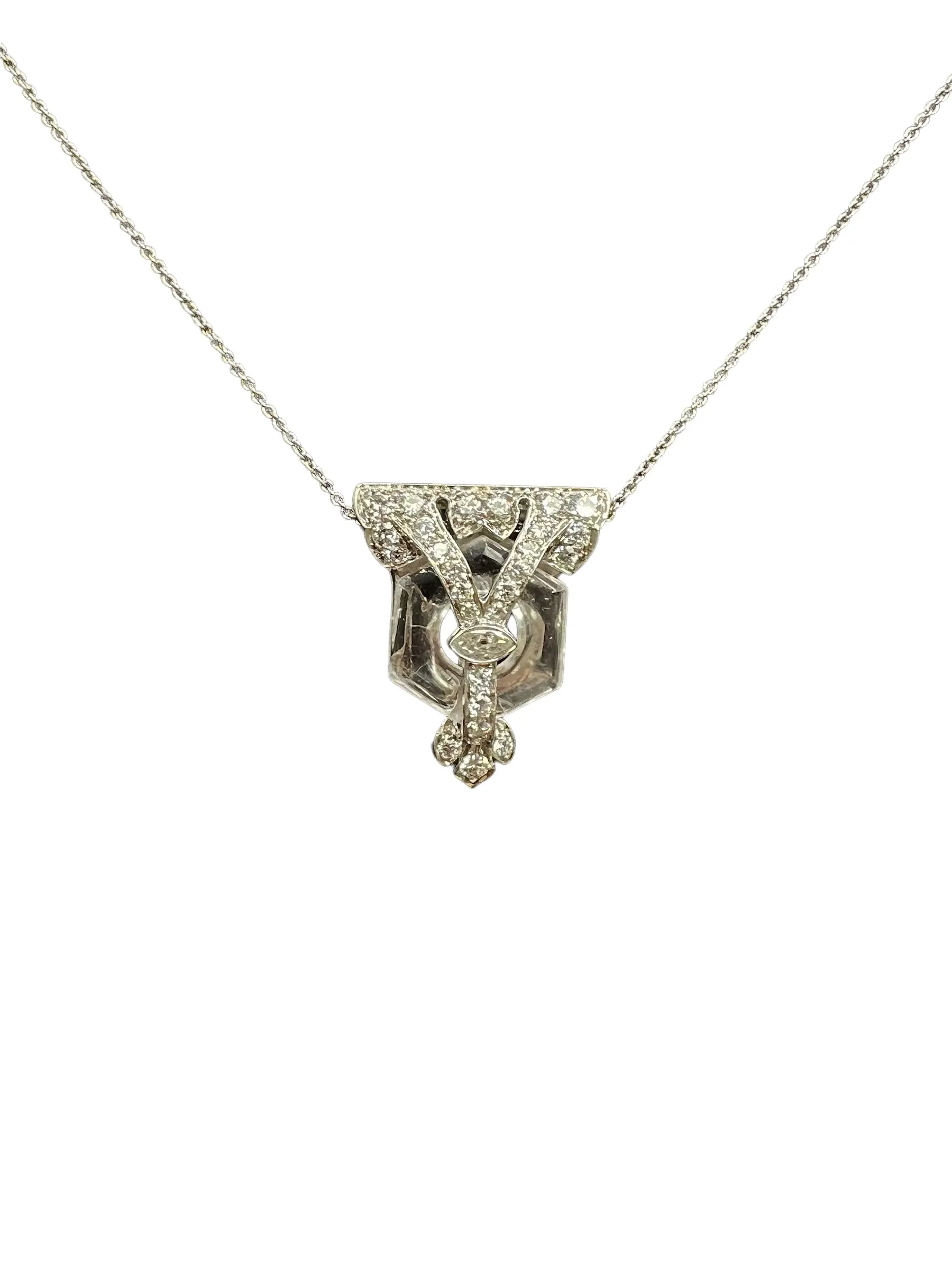 Art Deco Rock Crystal Diamond Platinum Clip Pendant Circa 1925