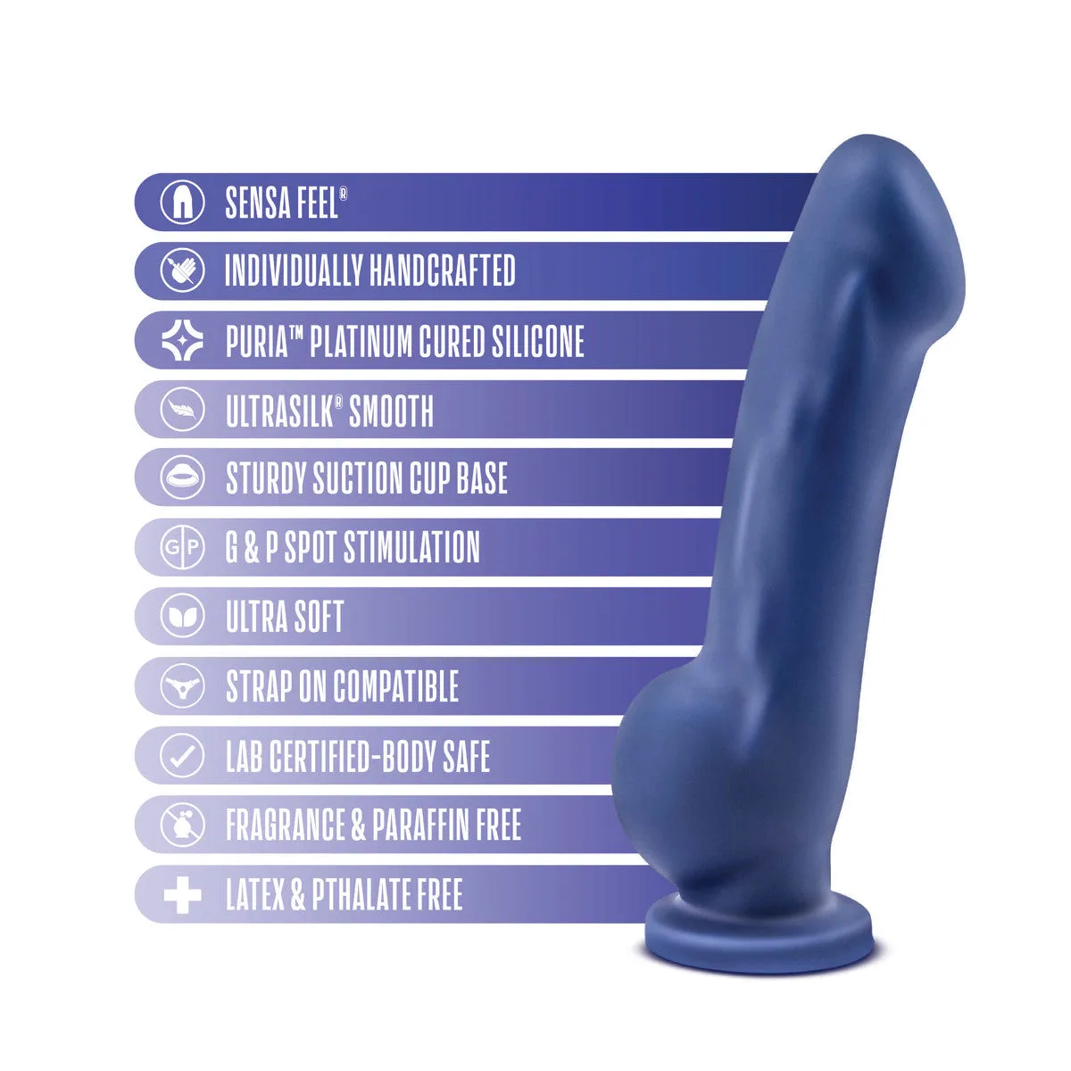 Avant By Blush® | Ergo Indigo D8: Artisan 7 Inch Dildo with Suction Cup Base - Elegantly Made with Smooth Ultrasilk® Purio™ Silicone