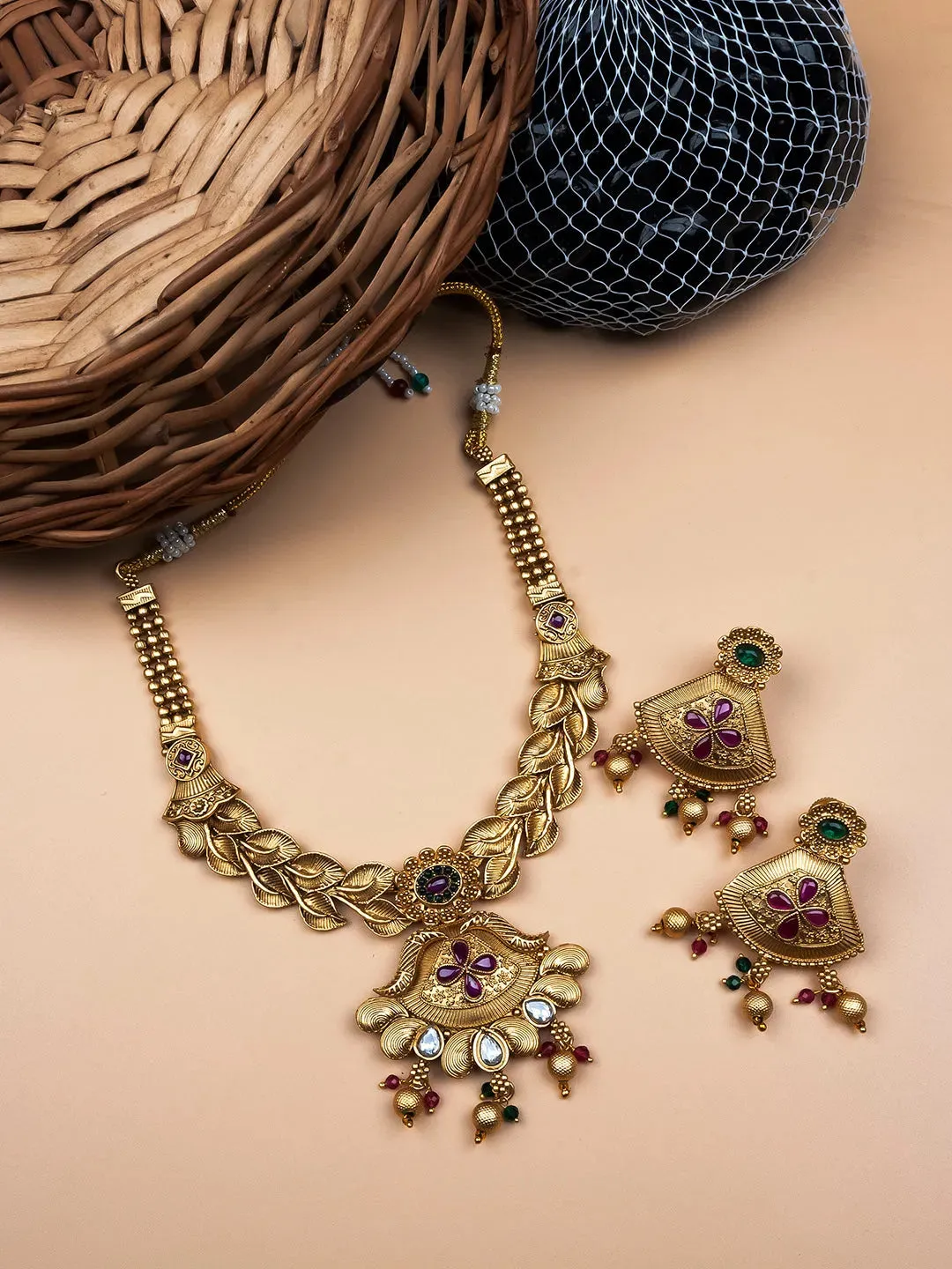 Captivating Gold Plated Rajwadi Pendant Necklace Set