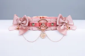 Chained Blush Velvet and Dusty Rose Bows - BDSM Collar in Rose Gold