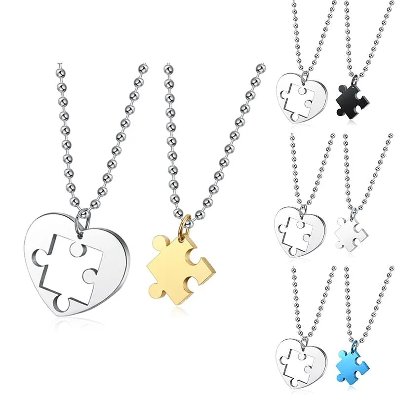 Creative Heart-shaped Puzzle Pendant Necklace Fashion Couple 4-Color Stainless Steel Accessories Romantic Party Jewelry Gift