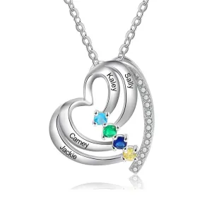 Customized Family Heart Pendant Necklace, Personalized 4 Names & Birthstones Pendant